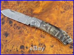 Damast Taschenmesser Damascus Folding Knife Widder Horn 786 293