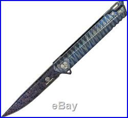 Defcon Draco Folding Knife 4 Damascus Steel Blade Blue Anodized Titanium Handle