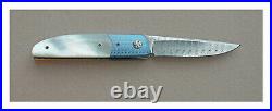 Des Horn Handcrafted Ball Release Folding Knife, Mother of Pearl, Damascus