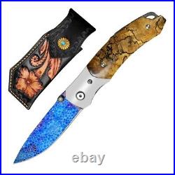 Drop Point Folding Knife Hunting Survival Camp Tactical Army Damascus Steel Wood