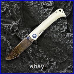 Drop Point Folding Knife Hunting Survival Camping Tactical Damascus Steel Bone S