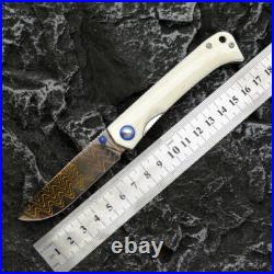 Drop Point Folding Knife Hunting Survival Camping Tactical Damascus Steel Bone S