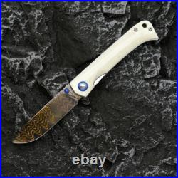 Drop Point Folding Knife Hunting Survival Camping Tactical Damascus Steel Bone S