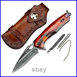 Drop Point Folding Knife Hunting Survival Damascus Steel Wood DIY Self Assembly