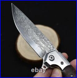Drop Point Folding Knife Pocket Flipper EDC Hunting Survival Damascus Steel Wood