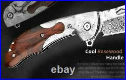 Drop Point Folding Knife Pocket Flipper Hunting Survival Damascus Steel Wood EDC