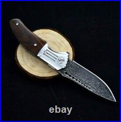Drop Point Folding Knife Pocket Flipper Hunting Survival Damascus Steel Wood EDC
