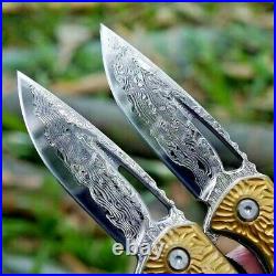 Drop Point Folding Knife Pocket Flipper Hunting Tactical Combat Damascus Steel S