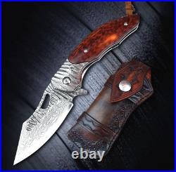 Drop Point Folding Knife Pocket Flipper Hunting Tactical Damascus Steel Handmade