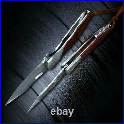 Drop Point Folding Knife Pocket Flipper Hunting Tactical Damascus Steel Handmade