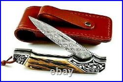 Drop Point Folding Knife Pocket Hunting Survival Damascus Steel Antler Handle 3