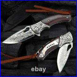 Drop Point Folding Knife Pocket Hunting Survival Damascus Steel Wood Handmade 3