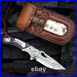 Drop Point Folding Knife Pocket Hunting Survival Damascus Steel Wood Handmade 3
