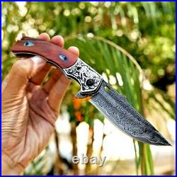 Drop Point Folding Knife Pocket Hunting Survival Damascus Steel Wood Premium EDC
