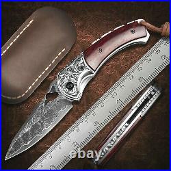 Drop Point Folding Knife Pocket Hunting Survival Hammered Damascus Steel Wood 3