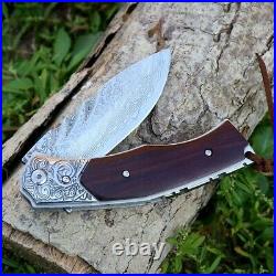 Drop Point Folding Knife Pocket Hunting Survival Japan VG10 Damascus Steel Wood