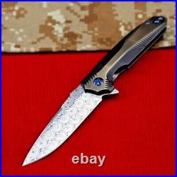 Drop Point Folding Knife Pocket Hunting Survival Outdoor Damascus Steel Titanium