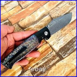 Drop Point Folding Knife Pocket Hunting Survival Outdoor Damascus Steel Titanium