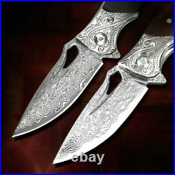 Drop Point Folding Knife Pocket Hunting Survival Tactical Damascus Steel Premium