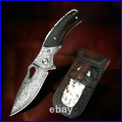 Drop Point Folding Knife Pocket Hunting Survival Tactical Damascus Steel Premium