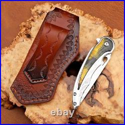 Drop Point Folding Knife Pocket Hunting Survival Tactical Damascus Steel Wood S