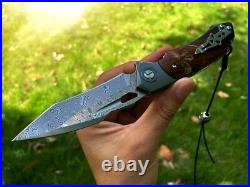 Drop Point Folding Knife Pocket Hunting Survival Tactical Damascus Steel Wood S