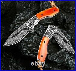 Drop Point Folding Knife Pocket Hunting Survival Wild Damascus Steel Bone Handle