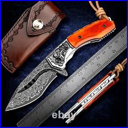 Drop Point Folding Knife Pocket Hunting Survival Wild Damascus Steel Bone Handle
