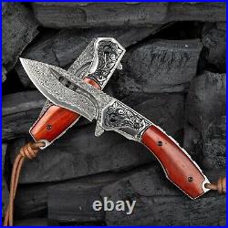 Drop Point Folding Knife Pocket Hunting Survival Wild Damascus Steel Wood Handle