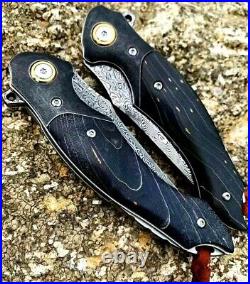 Drop Point Folding Knife Pocket Hunting Survival Wild Damascus Steel Wood Handle