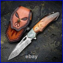 Drop Point Folding Knife Pocket Hunting Survival Wild Forged Damascus Steel Wood
