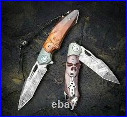Drop Point Folding Knife Pocket Hunting Survival Wild Forged Damascus Steel Wood