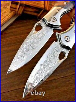 Drop Point Folding Knife Pocket Hunting Tactical Combat Damascus Steel Premium S