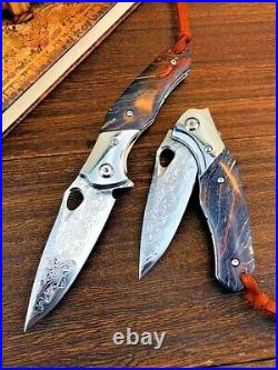 Drop Point Folding Knife Pocket Hunting Tactical Combat Damascus Steel Premium S