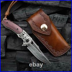 Drop Point Folding Knife Pocket Hunting Tactical Survival Damascus Steel Wood 3