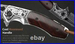 Drop Point Folding Knife Pocket Hunting Tactical Survival Damascus Steel Wood 3