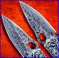 Drop Point Folding Knife Pocket Hunting Wild Damascus Steel Bone Handle Premium