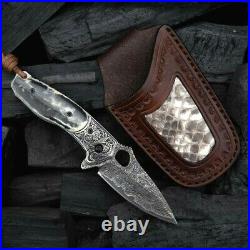 Drop Point Folding Knife Pocket Hunting Wild Damascus Steel Bone Handle Premium