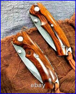 Drop Point Folding Knife Pocket Hunting Wild Survival Damascus Steel Wood Handle