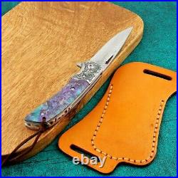 Drop Point Folding Knife Pocket Hunting Wild Survival Damascus Steel Wood Handle