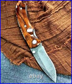 Drop Point Folding Knife Pocket Hunting Wild Survival Damascus Steel Wood Handle