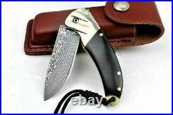 Drop Point Folding Knife Pocket Hunting Wild Tactical Damascus Steel Horn Handle