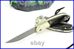 Drop Point Folding Knife Pocket Hunting Wild Tactical Damascus Steel Horn Handle