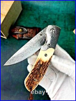 Drop Point Knife Folding Pocket Hunting Survival Damascus Steel Antler Handle 3