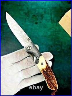 Drop Point Knife Folding Pocket Hunting Survival Damascus Steel Antler Handle 3