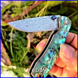 Drop Point Knife Folding Pocket Hunting Survival Damascus Steel Shell Handle EDC