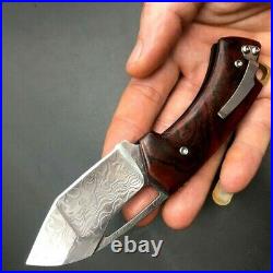Drop Point Knife Folding Pocket Hunting Survival Tactical Damascus Steel Wood 2