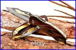 Drop Point Knife Folding Pocket Hunting Survival Tactical Damascus Steel Wood 3