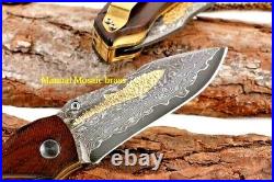 Drop Point Knife Folding Pocket Hunting Survival Tactical Damascus Steel Wood 3