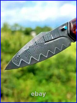 Drop Point Knife Folding Pocket Hunting Survival Wild Damascus Steel Wood Handle